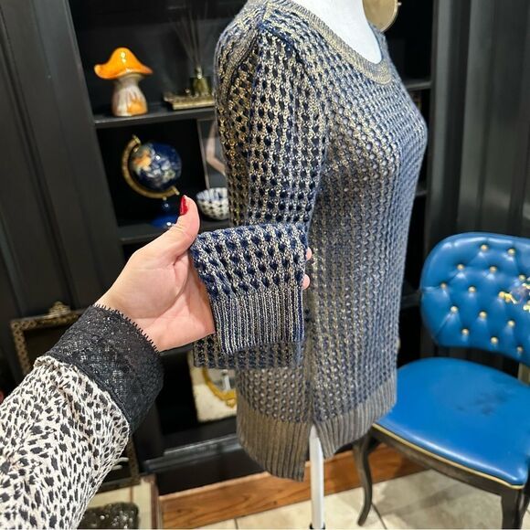 5/48 by Saks 5th Avenue Blue Gold Metallic Sweater Size XS - Picture 6 of 13